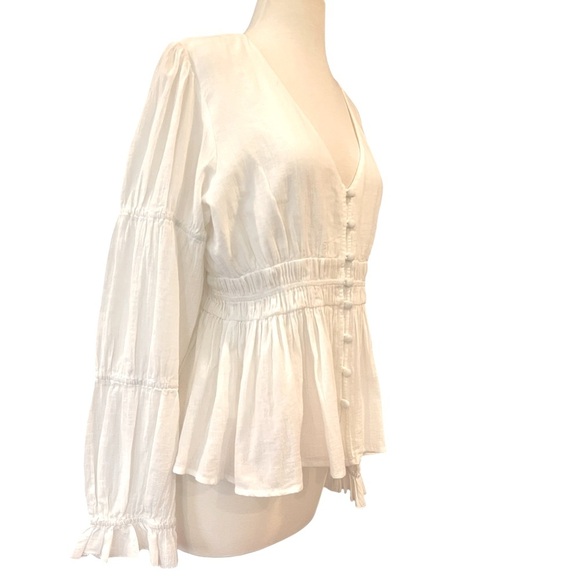 Faherty Colette Organic Cotton Blouse Button Up Smocked Ruffles White Sz L - Picture 5 of 16